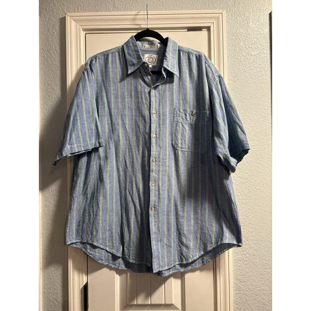 World‎ Island Button Down Mens XL Blue Green Excellent Striped Cotton USA Made